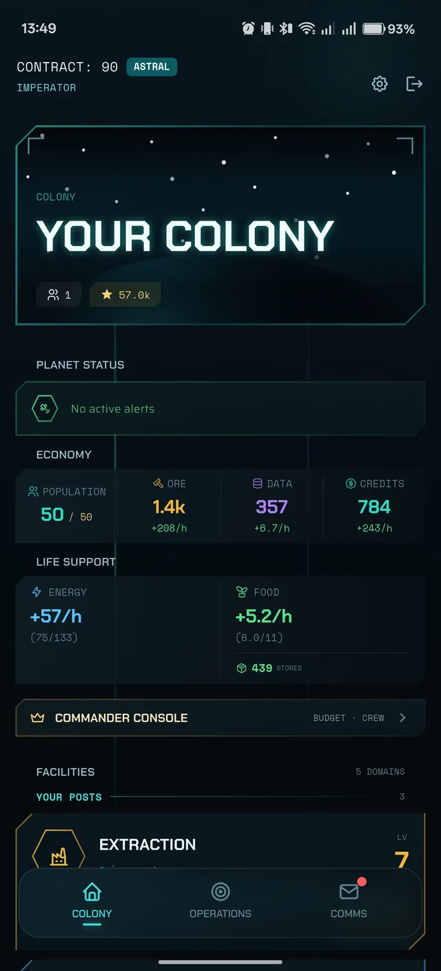Colony overview screen showing population, resources, and energy and food gauges