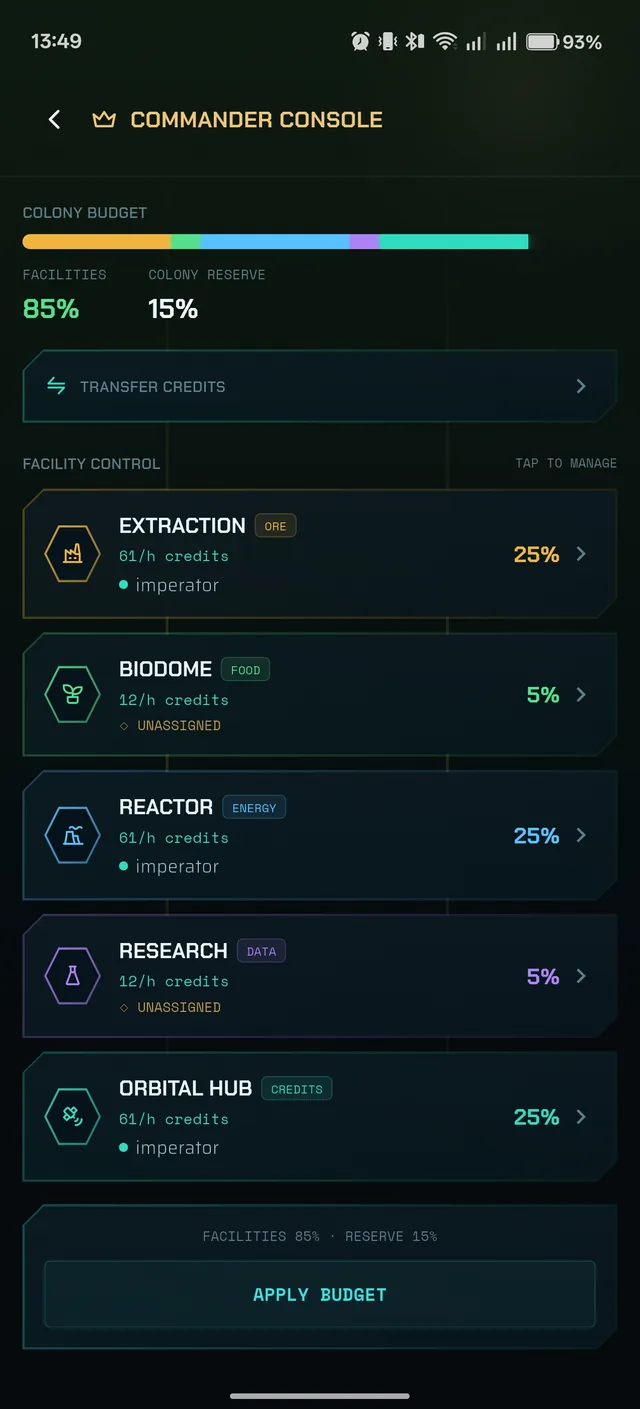Commander console showing the colony budget split and facility assignments across the crew