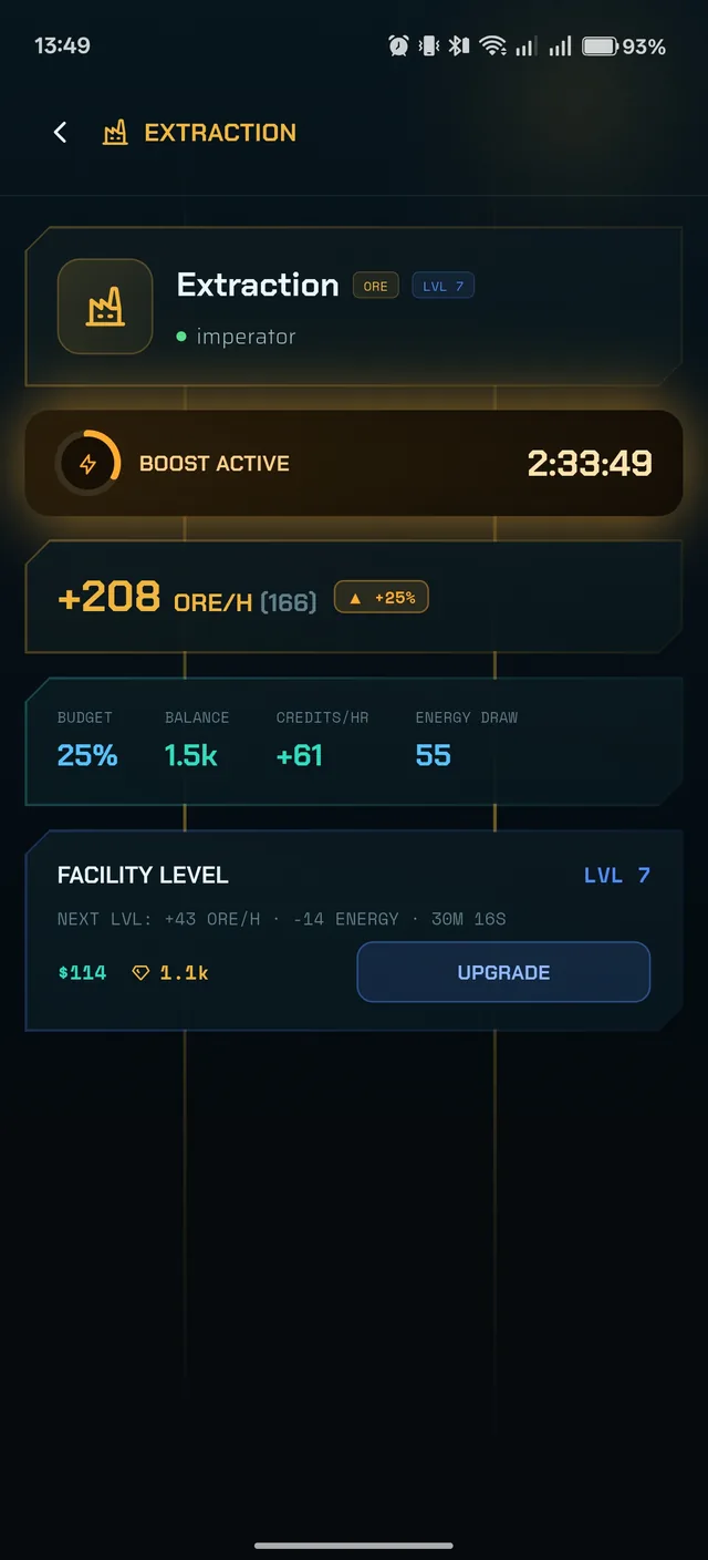 Extraction facility screen showing ore output, an active boost, budget and the upgrade queue