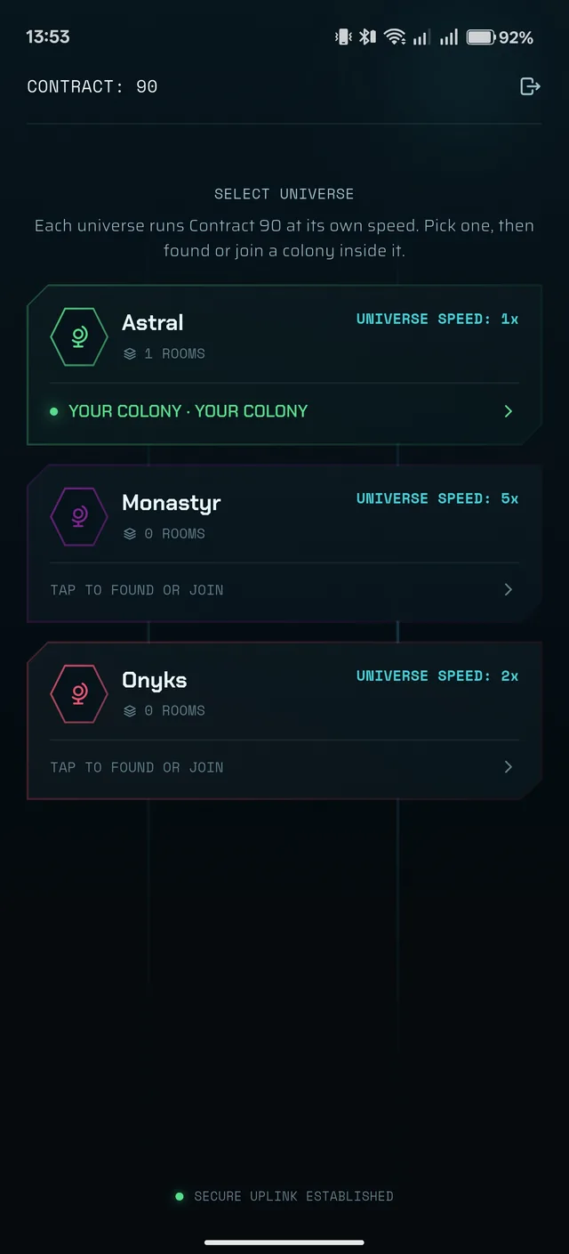 Universe select screen showing available servers and their speeds
